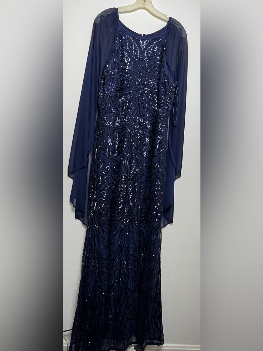 R&M Richards Navy Sequin Maxi Gown with Chiffon Cape